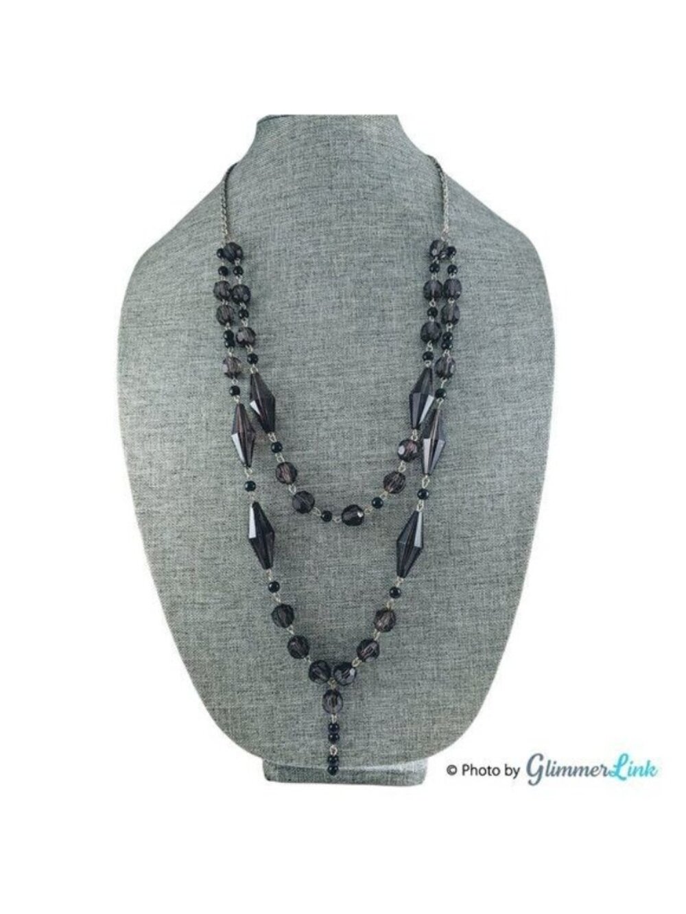 Smoky Dark Gray & Black Double Strand Y Style Beaded Chain Necklace